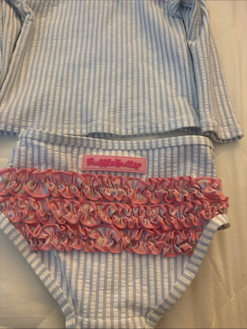 Ruffle Butts Blue Stripe Rash Guard with Pink Ruffle Diaper Cover